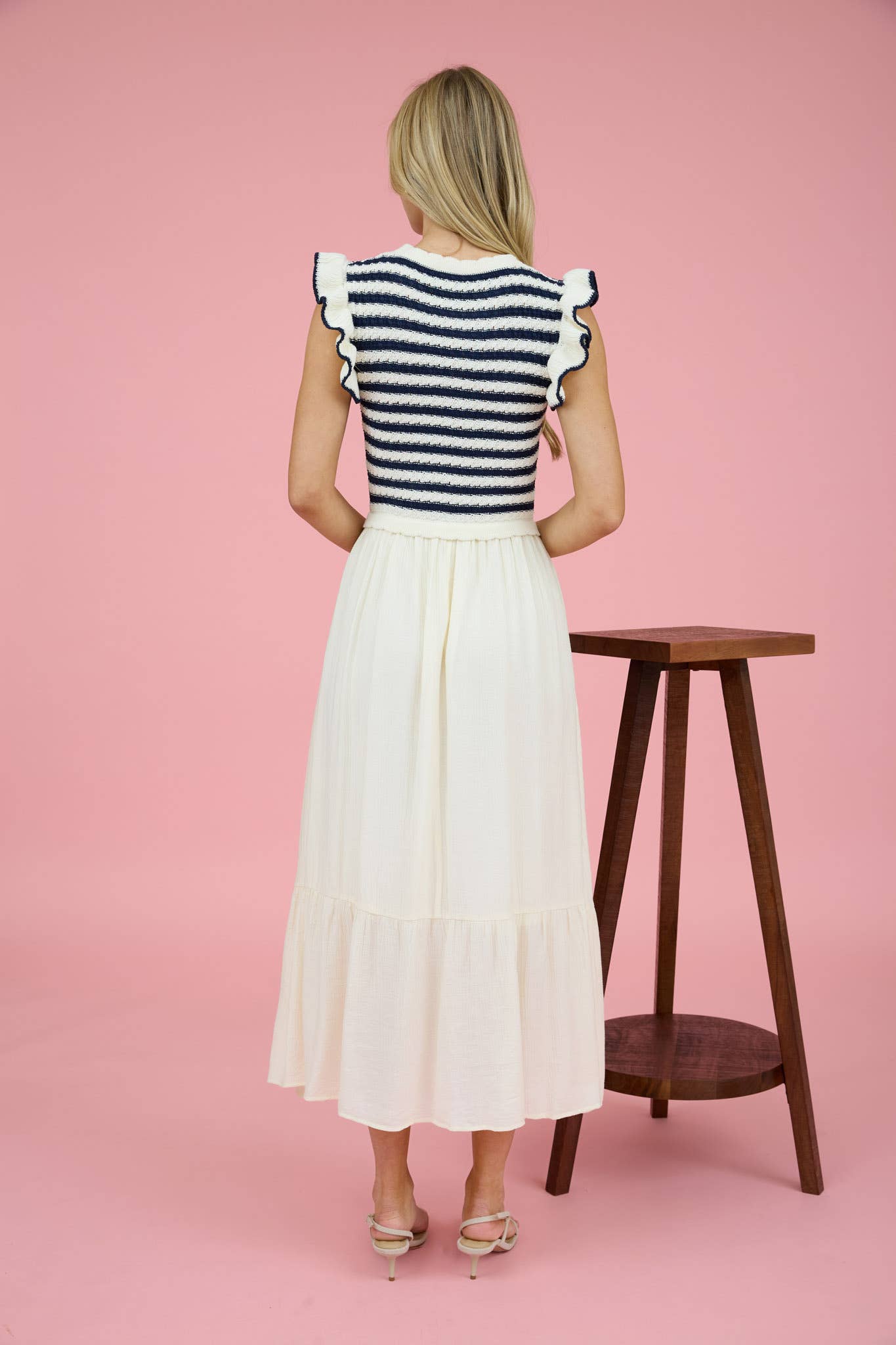 Navy and Cream Striped Summer Knit Vest Lined Maxi Dress