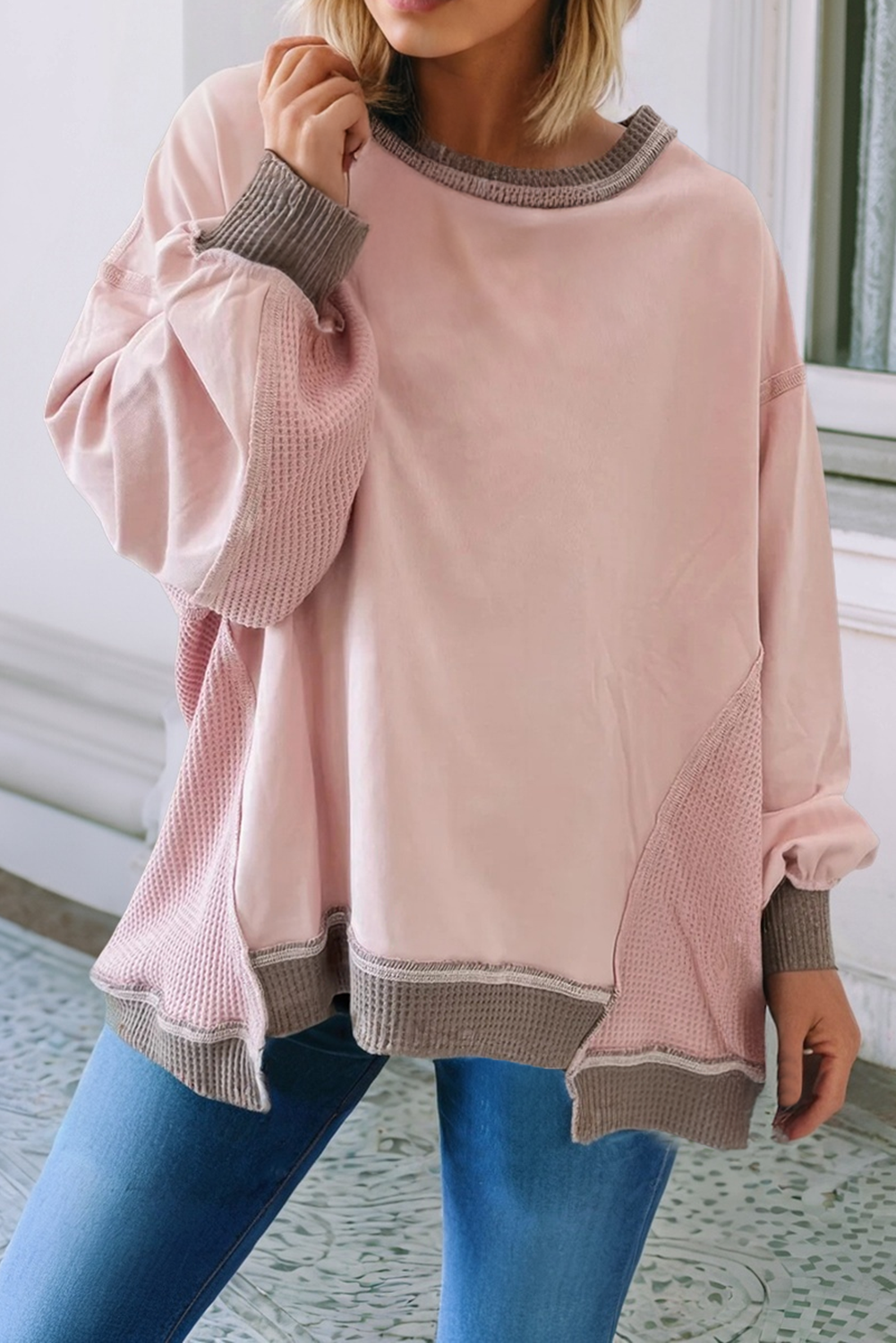 Soft Pink Block Mix Texture Waffle Patchwork Oversize Sweatshirt