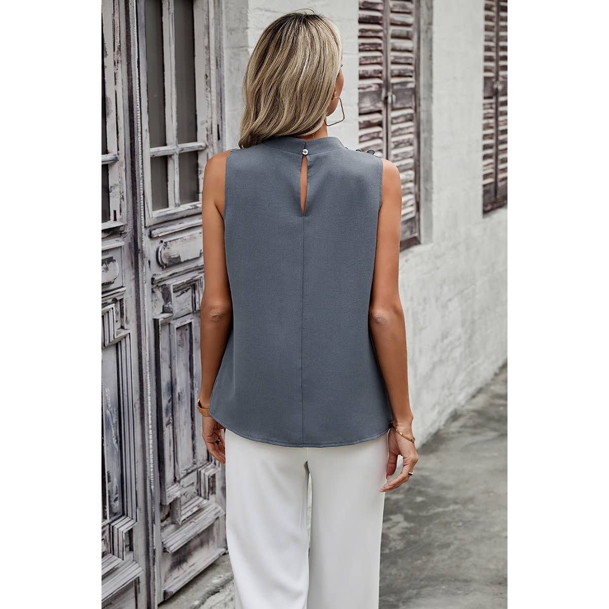 Button Grey Blue Silky Layered Collar Sleeveless Blouse