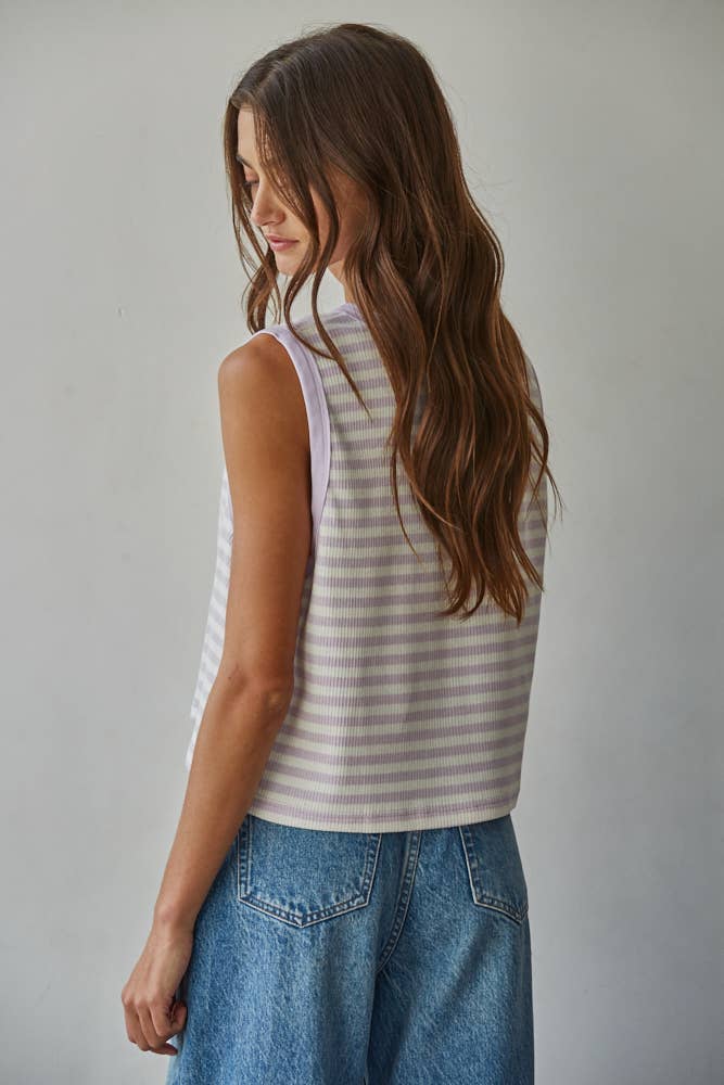 Lavender and White Striped Knit Cotton Spandex Ribbed Sleeveless Top - 149705