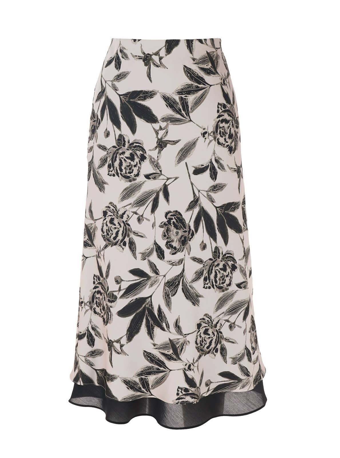 Pink w/ Black Floral Printed Midi Skirt w/Chiffon Layer-132550