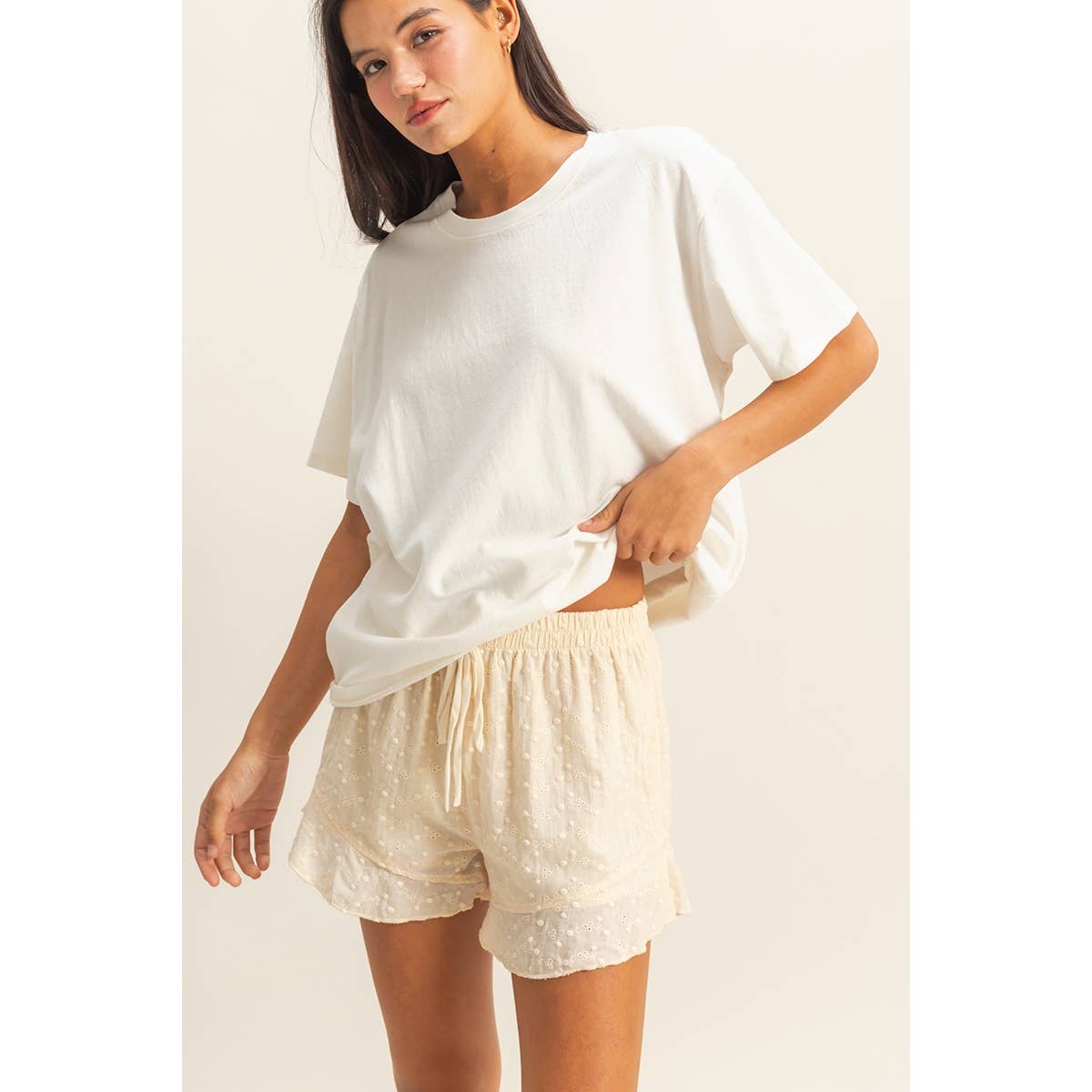 Eyelet Ruffle Hem Shorts