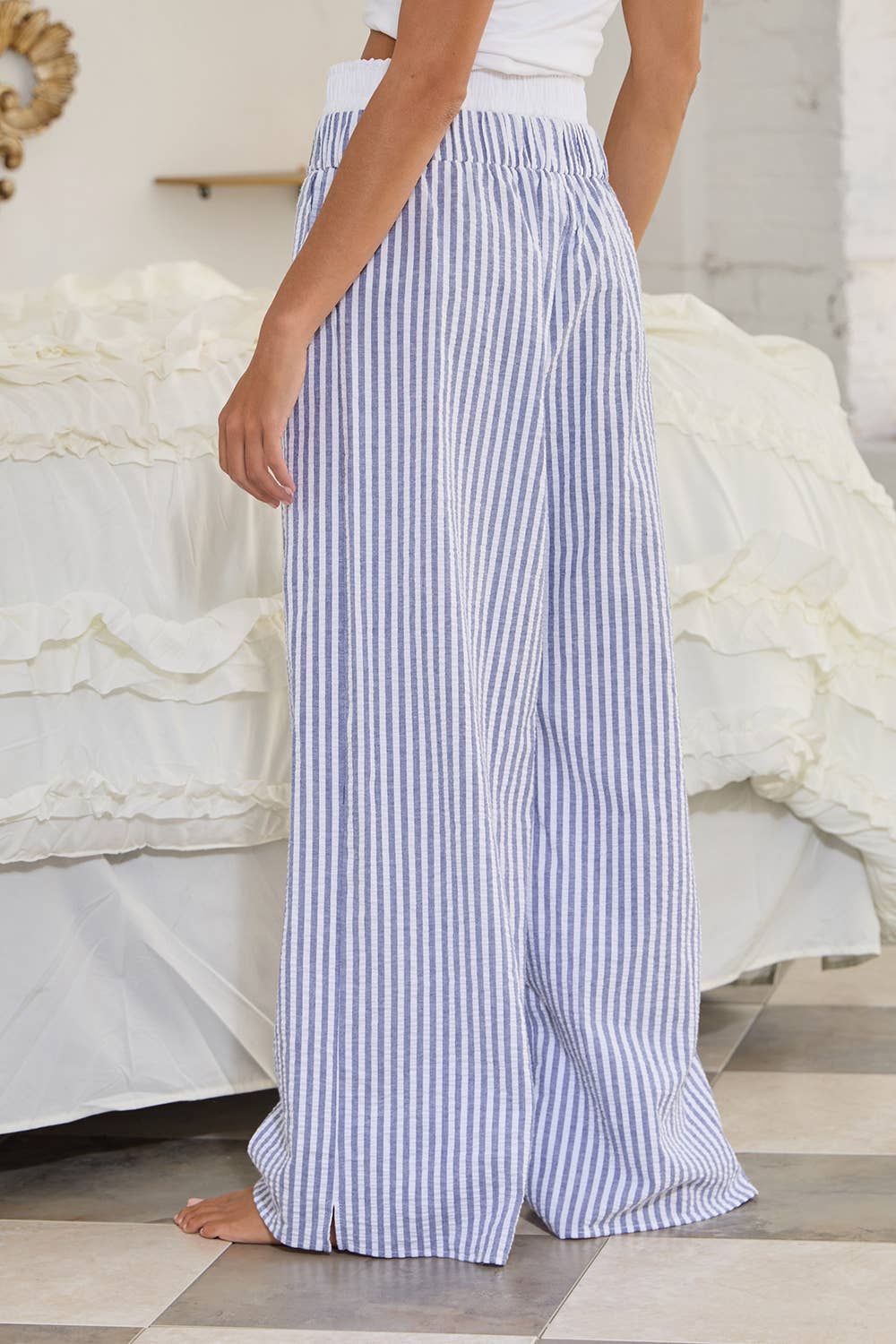 Blue and White Striped Seersucker Double Banded Exposed Boxer Pants