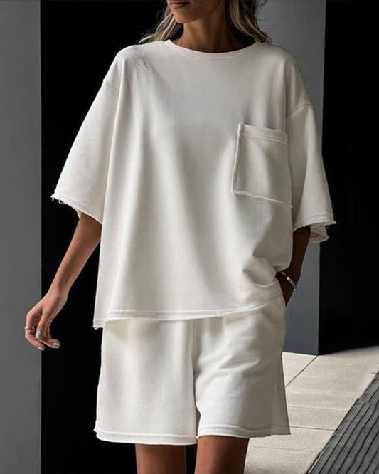 White Summer Crewneck Short-Sleeve Raw Trim Long Shorts Set