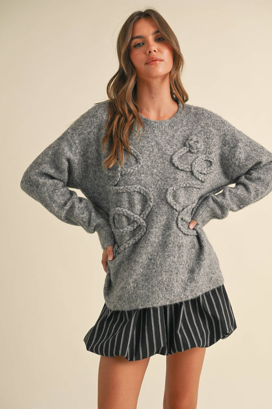 Grey Oversized Soft Vine Detailed Sweater
