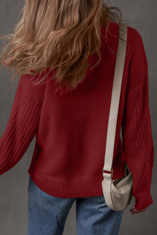 Red Dahlia Burgundy Mix Texture Knit Front Seam Detail Sweater