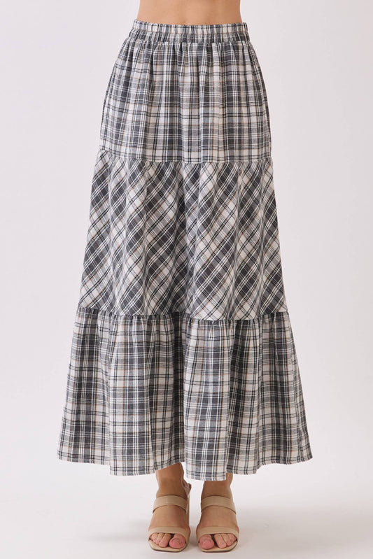 Boho Plaid Tiered Midi Skirt