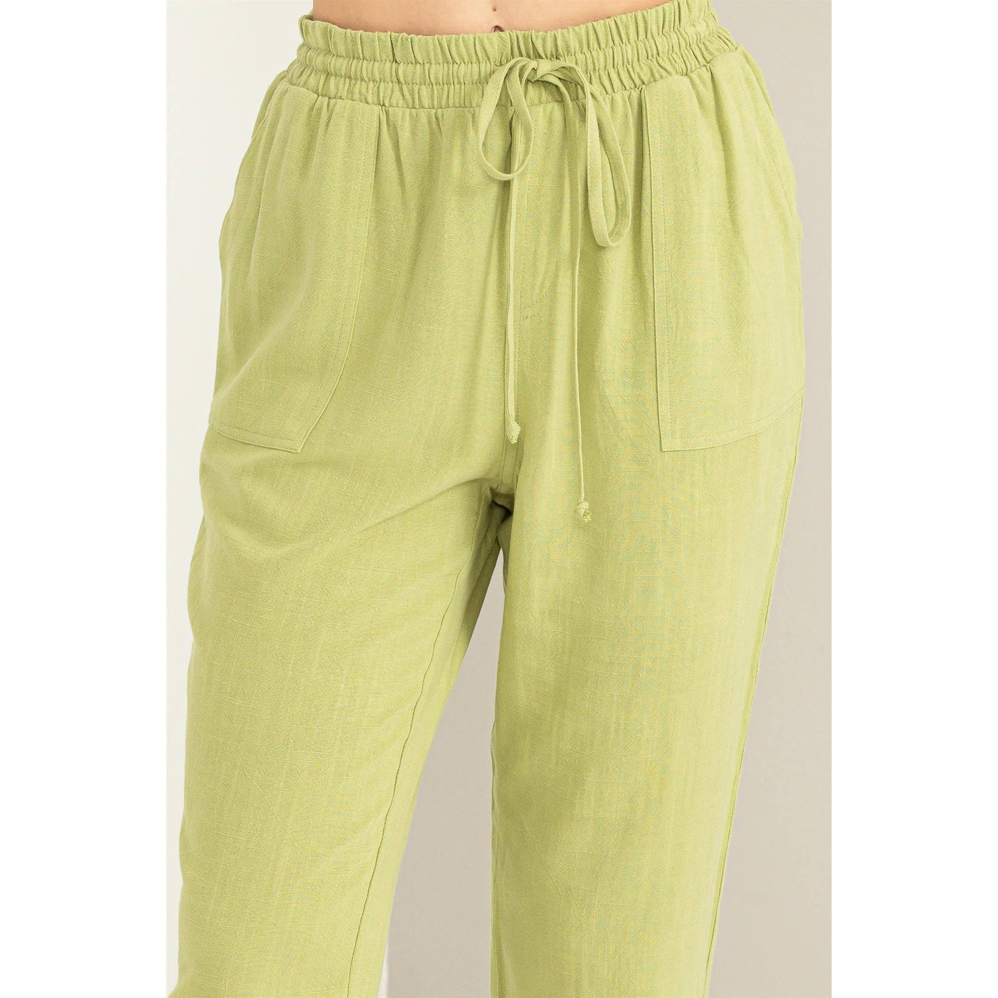 Pale Olive Green Linen Drawstring Jogger Pants