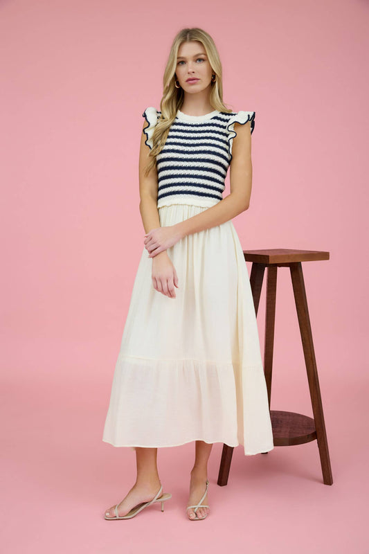 Navy and Cream Striped Summer Knit Vest Lined Maxi Dress