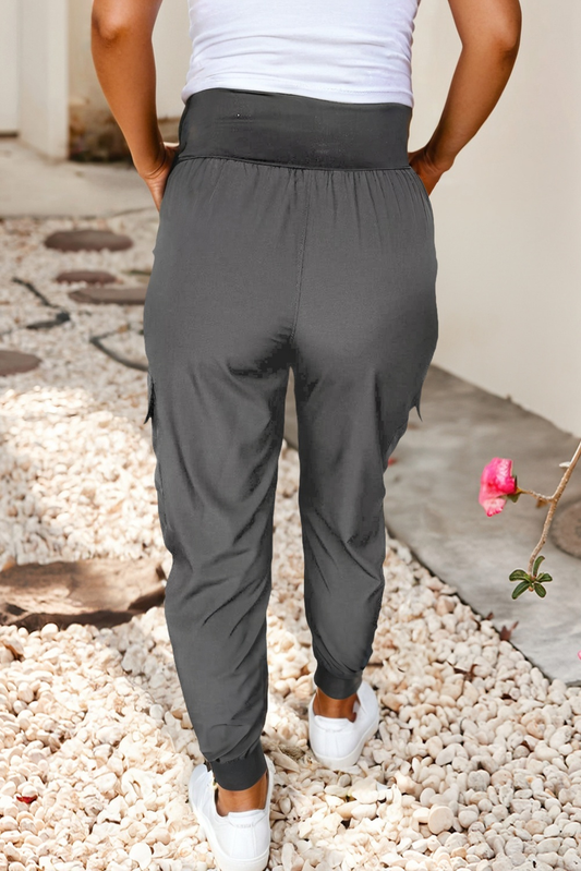 Grey Elastic High Waist Pocketed Parachute Cargo Jogger Pants