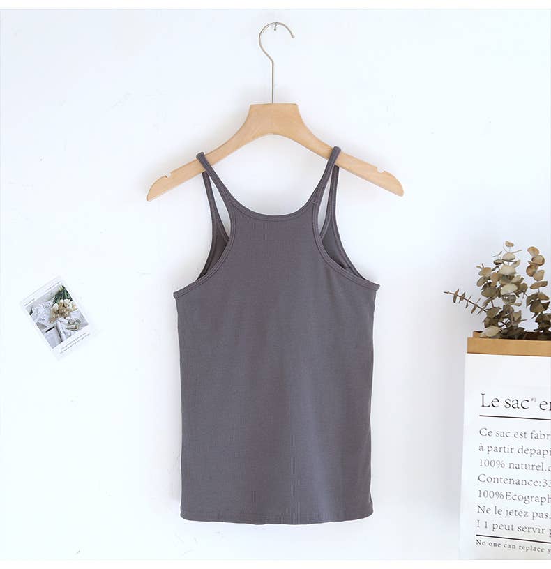 Beige athletic Spoon U-neck built-in bra rib tank top