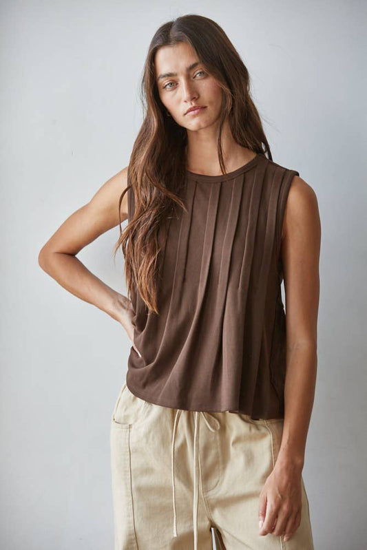 Chocolate Round Neck Jersey Knit Sleeveless Top-149117