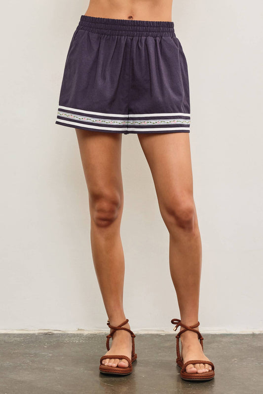 Indigo w/ Flower Hem Detail Shorts- 112471