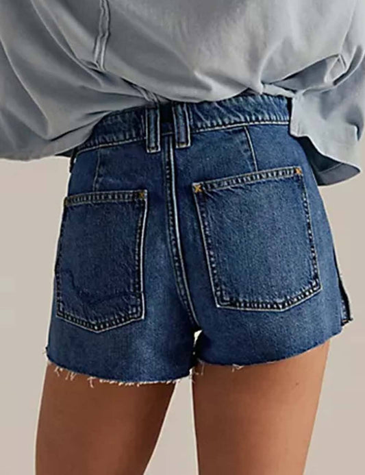 Dark Denim Shorts Raw Edge Front Pockets - 115652