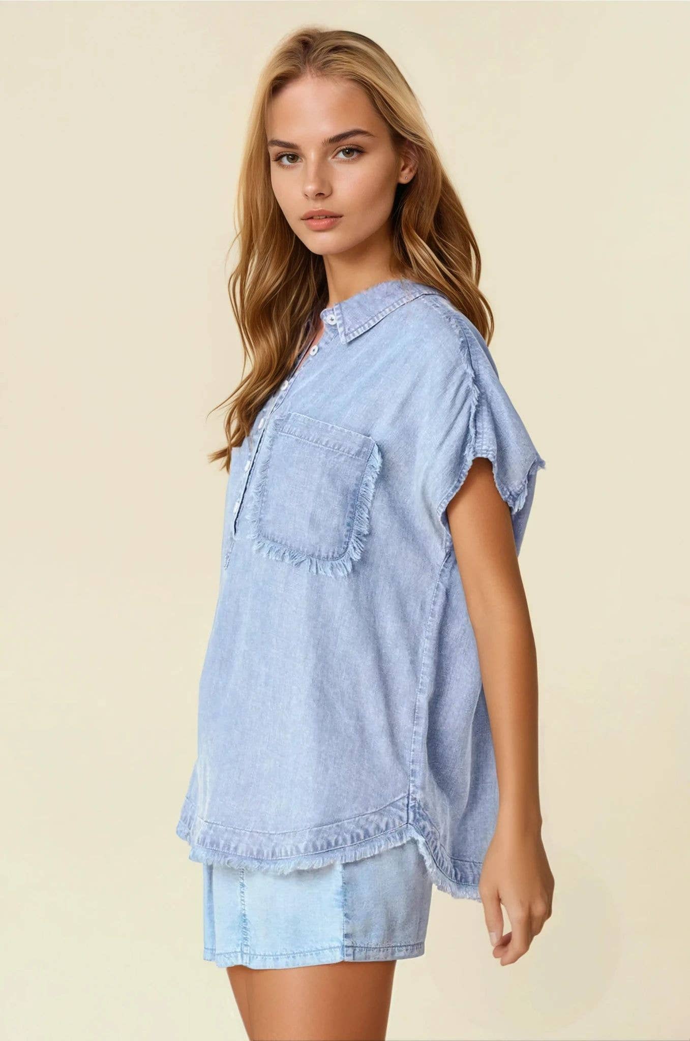 Collared Henley Frayed Denim Dolman Sleeve Top