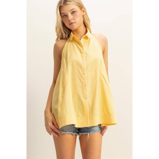 Striped Buttoned Down Relaxed Fit Halter Top