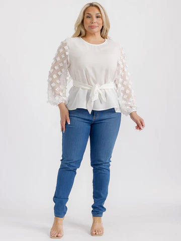 White Sheer Detailed Long Sleeve Tie Blouse