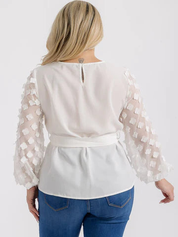 White Sheer Detailed Long Sleeve Tie Blouse