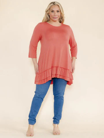 Blue or Coral High Low Top with 3/4 Sleeves and Ruffled Bottom Hem