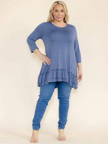 Blue or Coral High Low Top with 3/4 Sleeves and Ruffled Bottom Hem