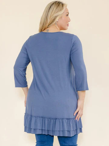 Blue or Coral High Low Top with 3/4 Sleeves and Ruffled Bottom Hem
