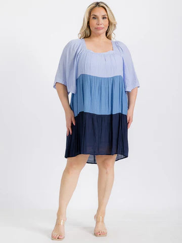 Square Neck Soft Blue Tiered Tunic Dress