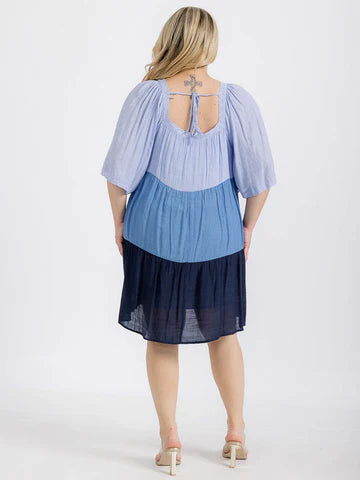 Square Neck Soft Blue Tiered Tunic Dress
