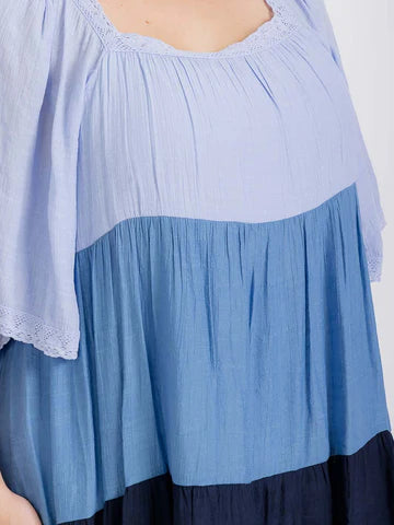 Square Neck Soft Blue Tiered Tunic Dress