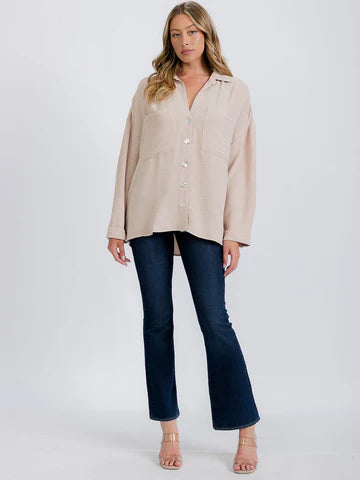 Front Pockets Long Sleeve Flowy Button Up Blouse Taupe or Orange