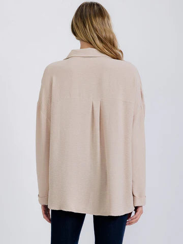 Front Pockets Long Sleeve Flowy Button Up Blouse Taupe or Orange