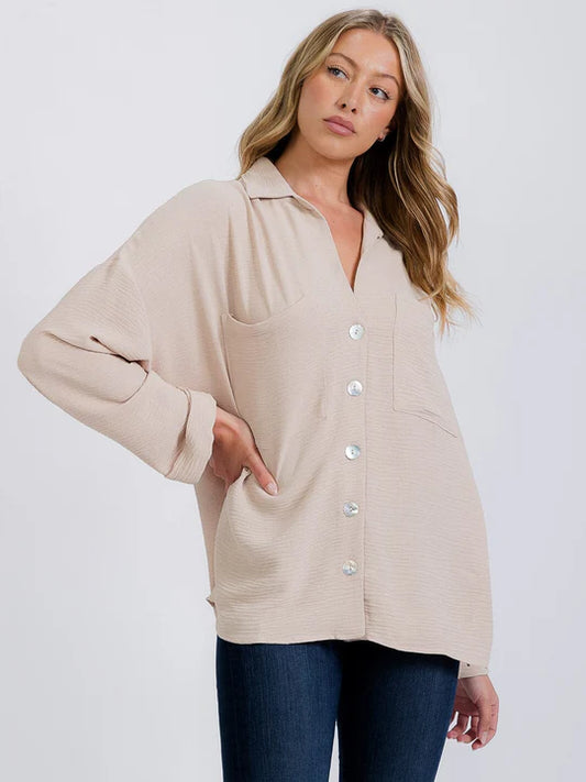 Front Pockets Long Sleeve Flowy Button Up Blouse Taupe or Orange