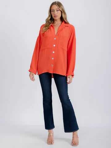 Front Pockets Long Sleeve Flowy Button Up Blouse Taupe or Orange