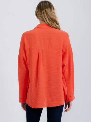 Front Pockets Long Sleeve Flowy Button Up Blouse Taupe or Orange