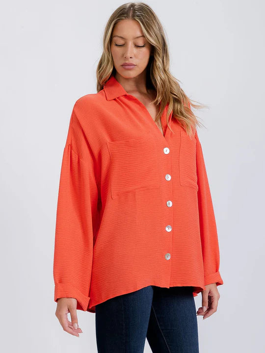 Front Pockets Long Sleeve Flowy Button Up Blouse Taupe or Orange