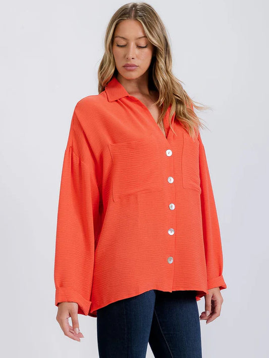 Front Pockets Long Sleeve Flowy Button Up Blouse Taupe or Orange