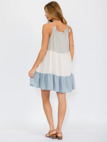 Shoulder Tassel Tuliped Soft Blue Color Block Tiered Dress