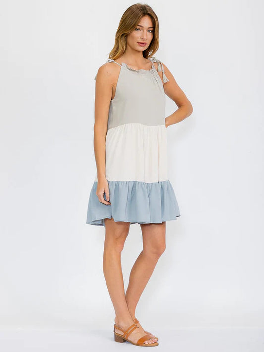 Shoulder Tassel Tuliped Soft Blue Color Block Tiered Dress