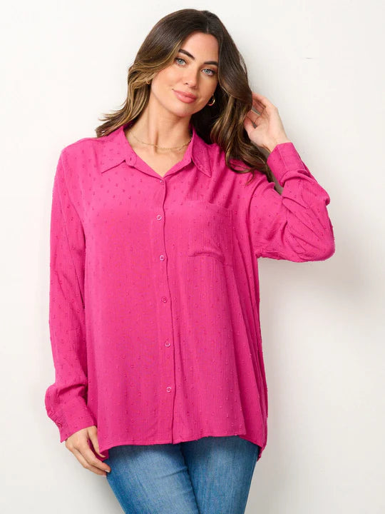 Long Sleeve Magenta Swiss Dot Button Up Blouse