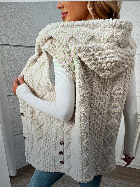 Faux Soft Fur Apricot vest with Hood and Button Detail