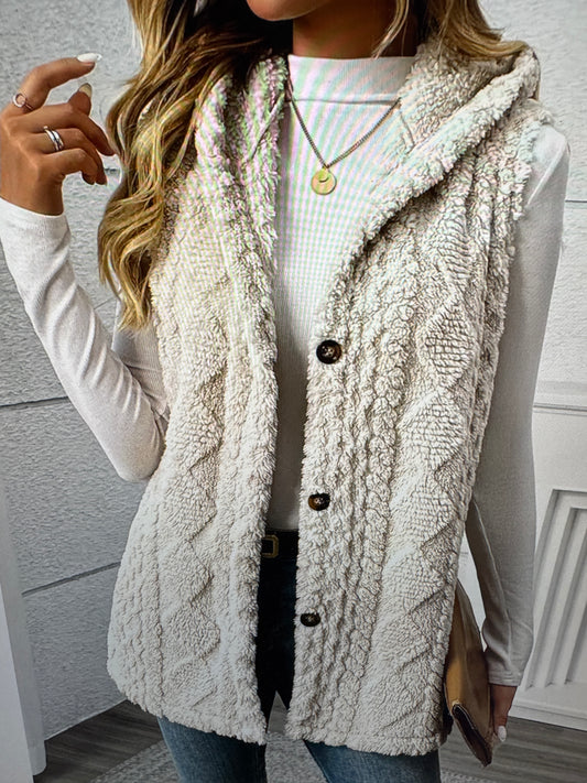 Faux Soft Fur Apricot vest with Hood and Button Detail