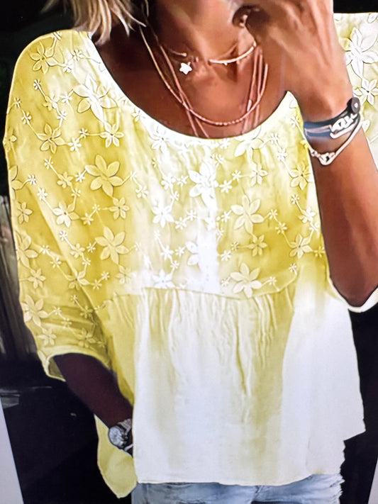 Buttercup Yellow Cotton Flower Embroidered Boho Blouse