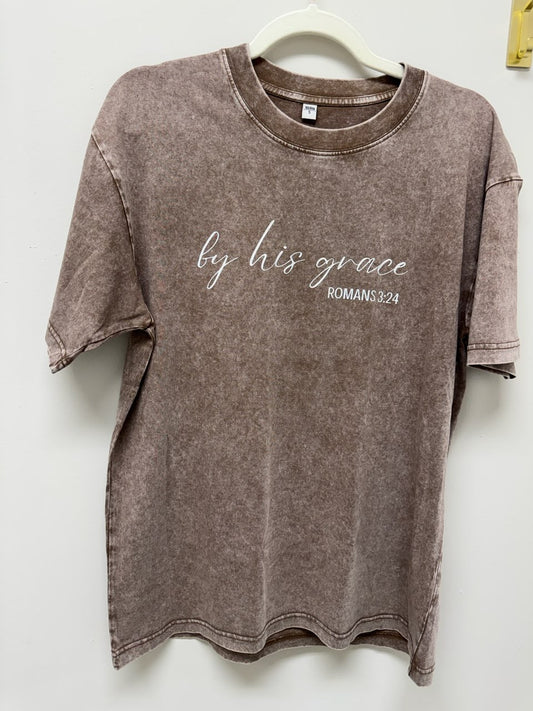 "By His Grace" Inspirational Mocha Brown Mineral Washed Tee