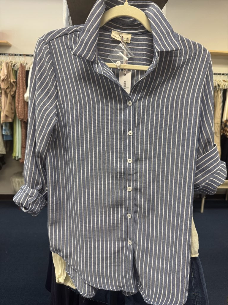 Navy Stripe Linen Blend Long Sleeve Button-Down Shirt-141454