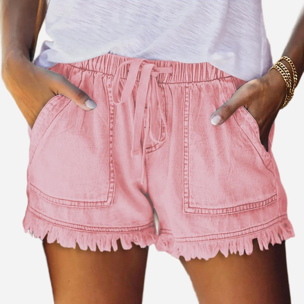 Pink Light Denim Frayed Detail Shorts - 110811