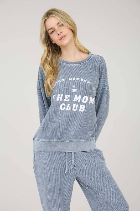 'Mom Club' Acid Washed Blue Ribbed Relaxed Fit Sweatshirt