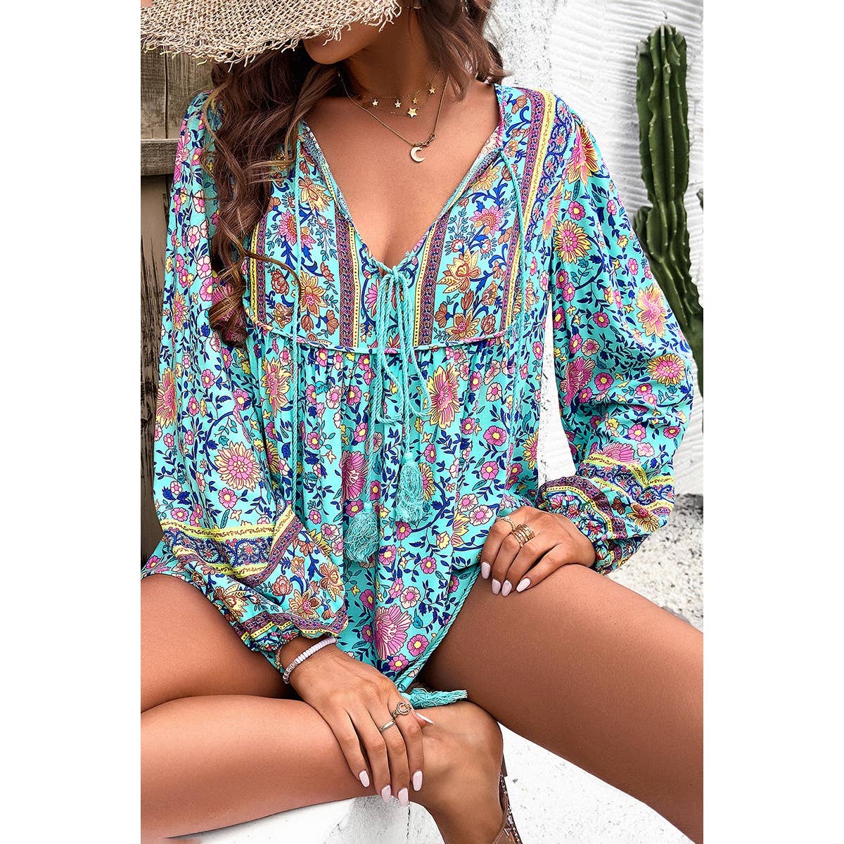 All Over Floral Print with String Tassels Deep V Boho Top