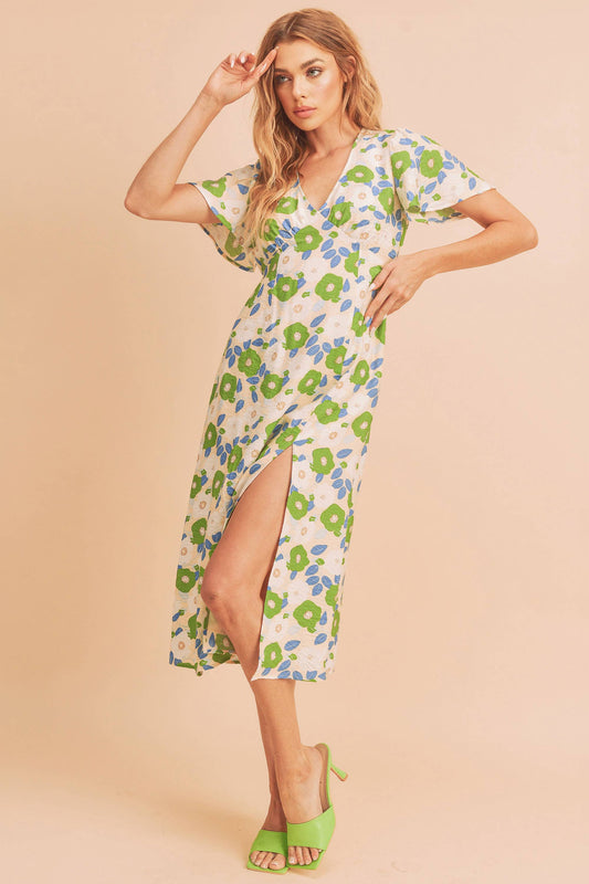 Cream w/ Green Floral Inessa Dress-124109