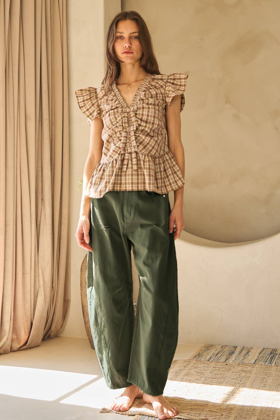 Olive Acid Washed Barrel Denim Pants-131774