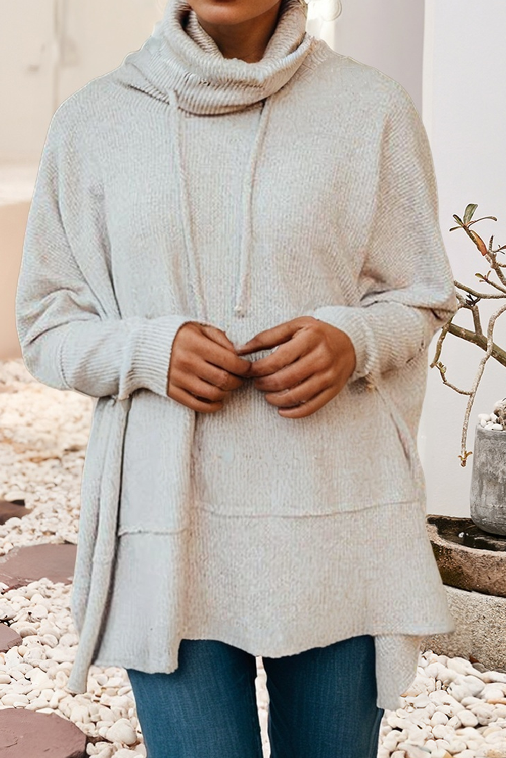 Light Grey Knit Drawstring Cowl Neck Oversize Top with Side Slits