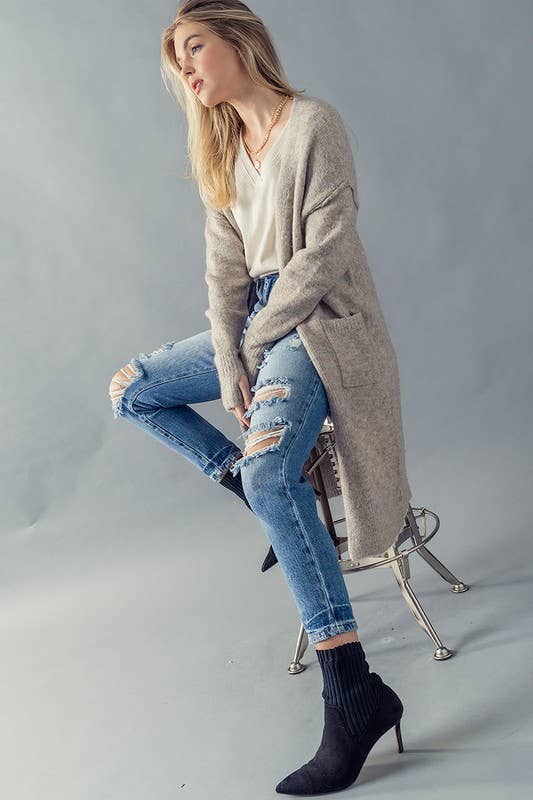 Taupe Soft Cozy Knit with Thumbhole Cuff Long Cardigan